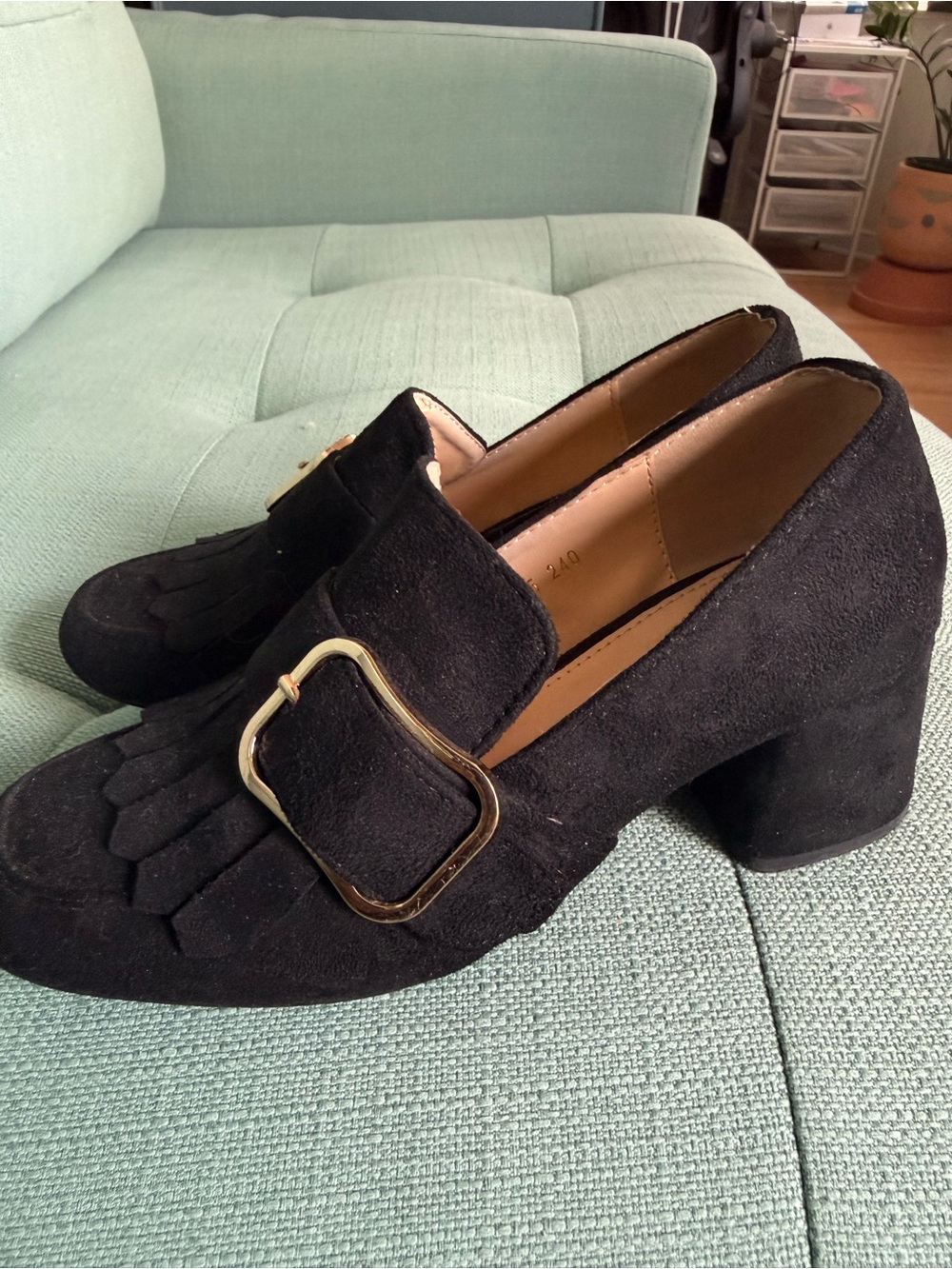 Black Suede- like Fringe Loafers with Statement Gold Buckle- size US 6
